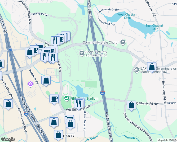 map of restaurants, bars, coffee shops, grocery stores, and more near 3335 Chastain Gardens Drive Northwest in Kennesaw