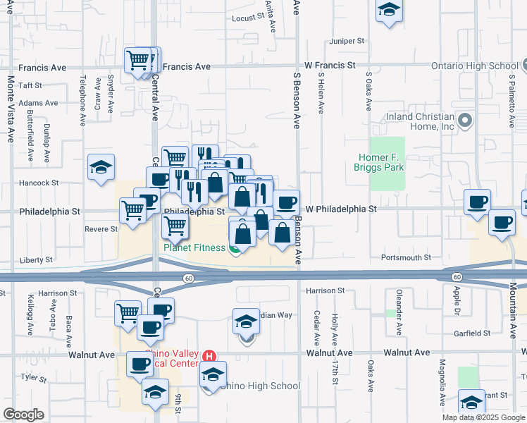 map of restaurants, bars, coffee shops, grocery stores, and more near 5545 Philadelphia Street in Chino