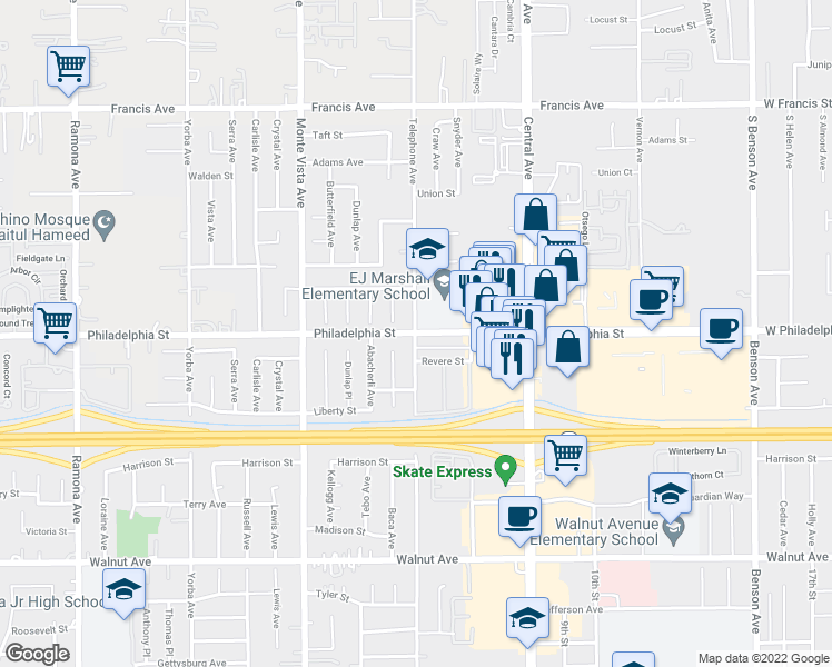 map of restaurants, bars, coffee shops, grocery stores, and more near Philadelphia Street & Telephone Avenue in Chino