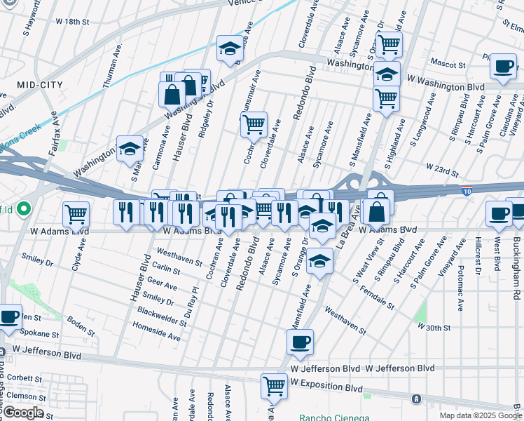 map of restaurants, bars, coffee shops, grocery stores, and more near 2515 Redondo Boulevard in Los Angeles