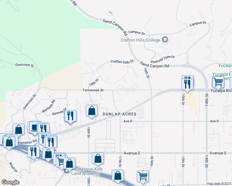 map of restaurants, bars, coffee shops, grocery stores, and more near 31915 Tennessee Street in Yucaipa