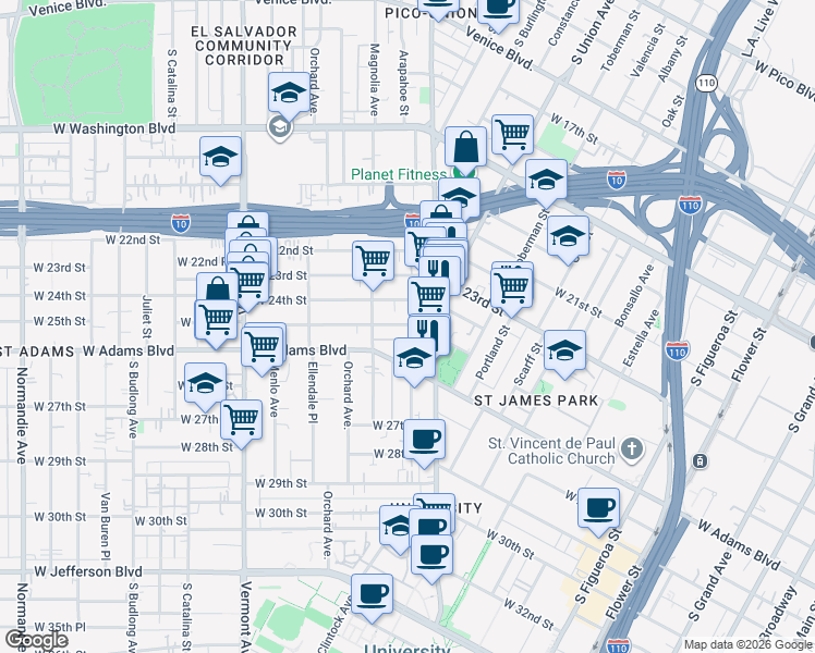 map of restaurants, bars, coffee shops, grocery stores, and more near 1150 West 25th Street in Los Angeles