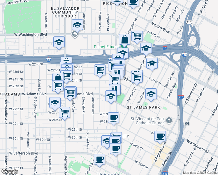 map of restaurants, bars, coffee shops, grocery stores, and more near 1150 West 25th Street in Los Angeles