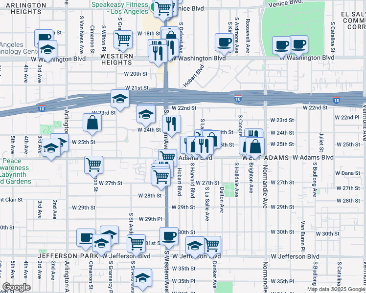 map of restaurants, bars, coffee shops, grocery stores, and more near 2263 South Harvard Boulevard in Los Angeles