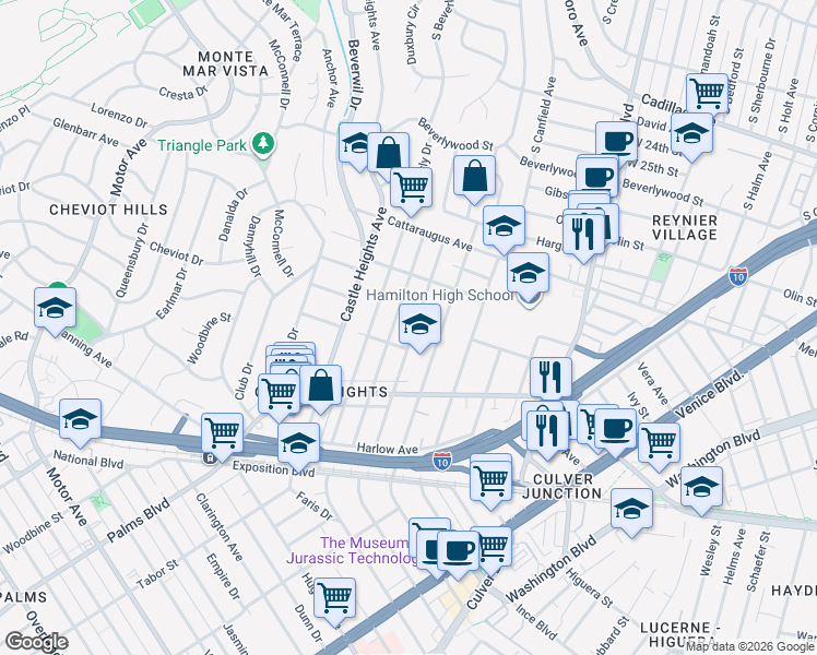 map of restaurants, bars, coffee shops, grocery stores, and more near 3109 Oakhurst Avenue in Los Angeles