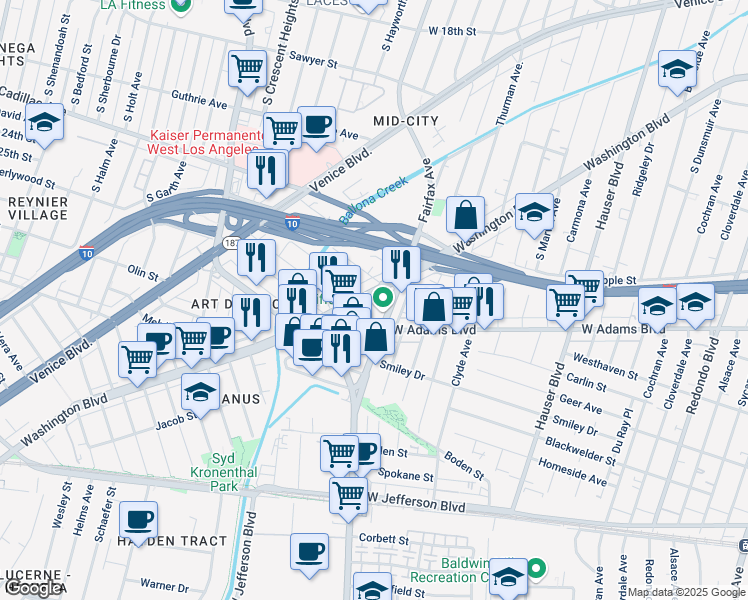 map of restaurants, bars, coffee shops, grocery stores, and more near 5800 Washington Boulevard in Culver City