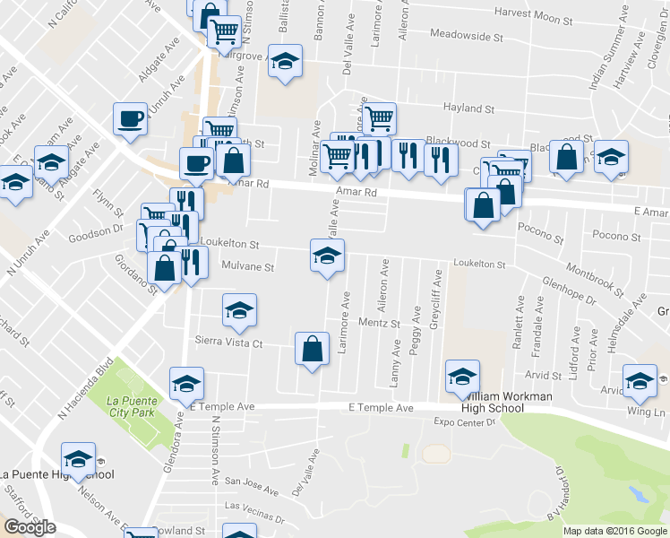 map of restaurants, bars, coffee shops, grocery stores, and more near 826 Del Valle Avenue in La Puente