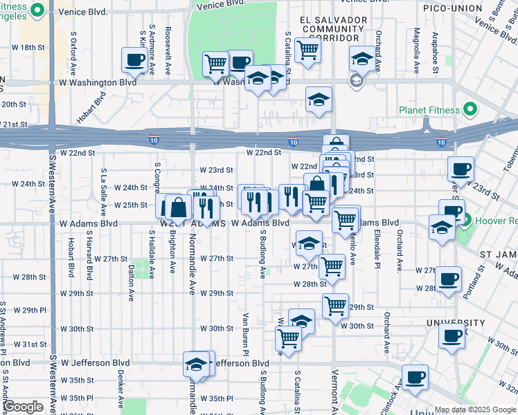 map of restaurants, bars, coffee shops, grocery stores, and more near 2500 South Budlong Avenue in Los Angeles