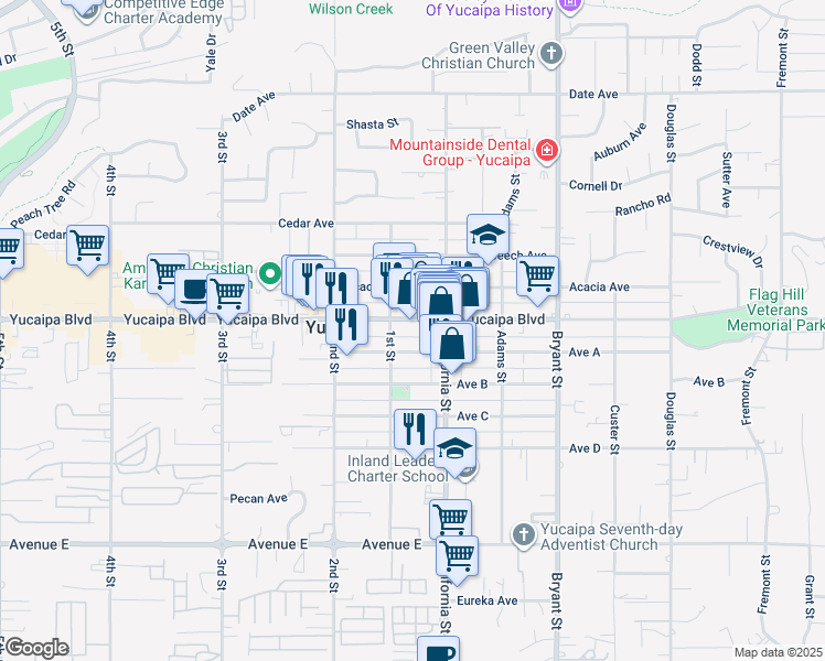 map of restaurants, bars, coffee shops, grocery stores, and more near 35039 Yucaipa Boulevard in Yucaipa