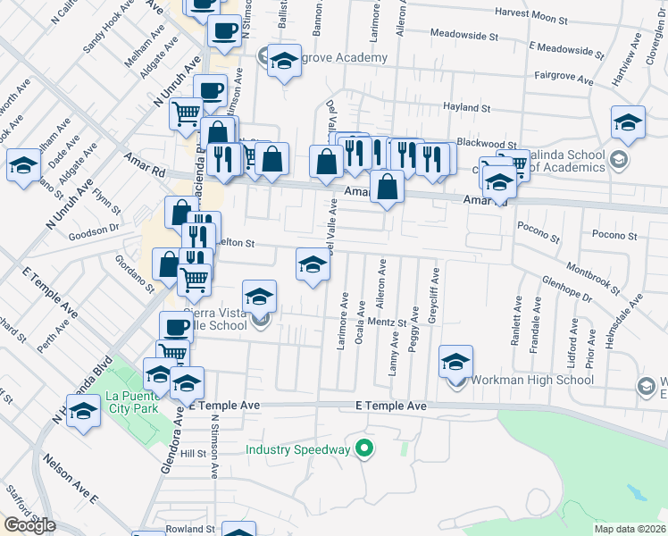 map of restaurants, bars, coffee shops, grocery stores, and more near 826 Del Valle Avenue in La Puente
