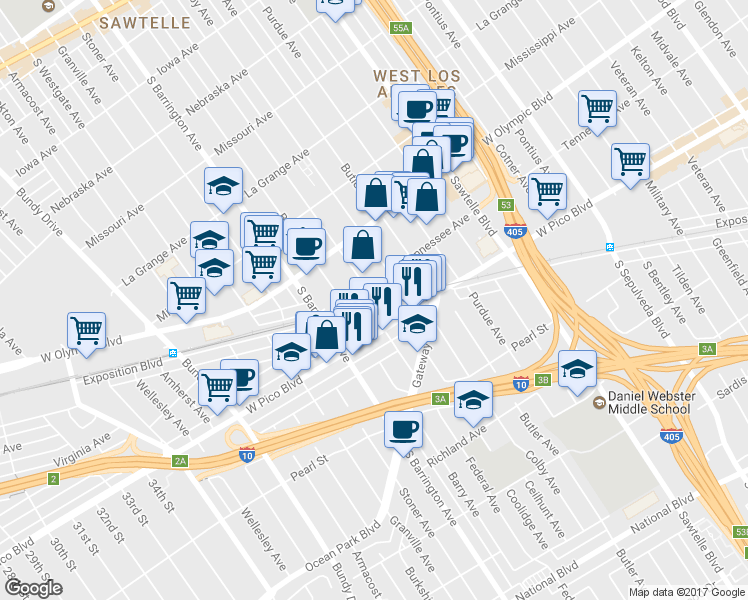 map of restaurants, bars, coffee shops, grocery stores, and more near 2309 Federal Avenue in Los Angeles
