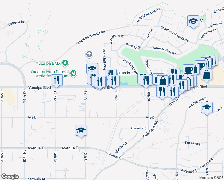 map of restaurants, bars, coffee shops, grocery stores, and more near 33075 Yucaipa Boulevard in Yucaipa