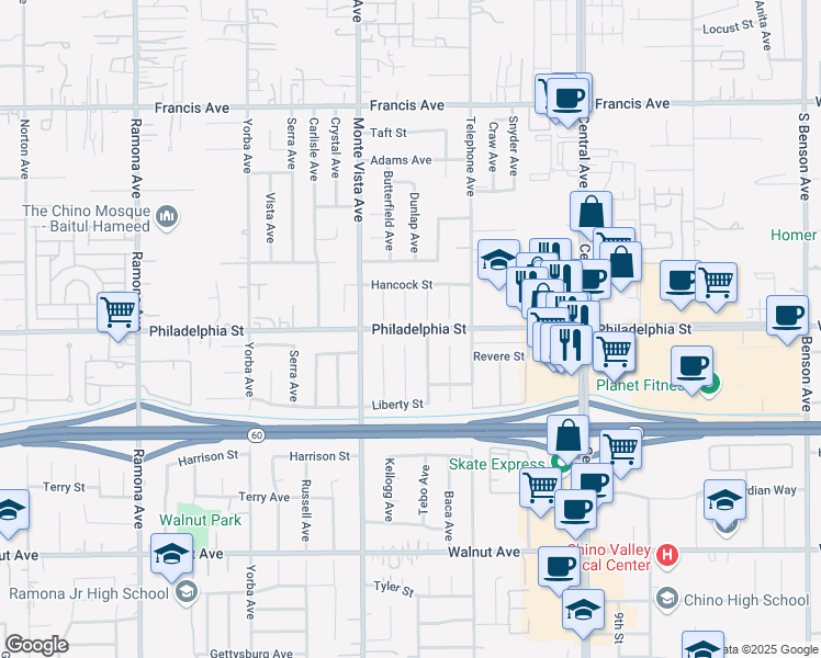 map of restaurants, bars, coffee shops, grocery stores, and more near in Chino