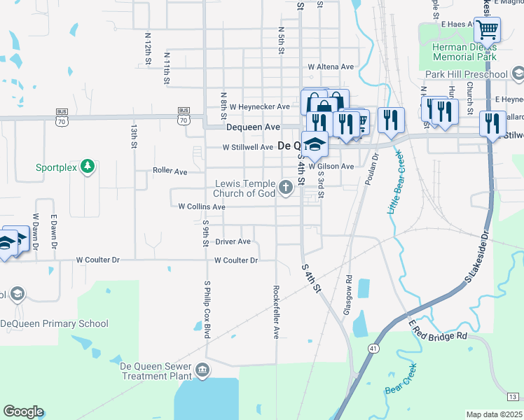 map of restaurants, bars, coffee shops, grocery stores, and more near 509 West Collins Avenue in De Queen