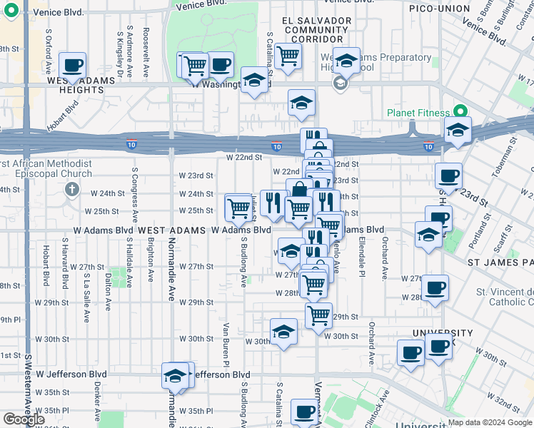map of restaurants, bars, coffee shops, grocery stores, and more near 2501 South Catalina Street in Los Angeles