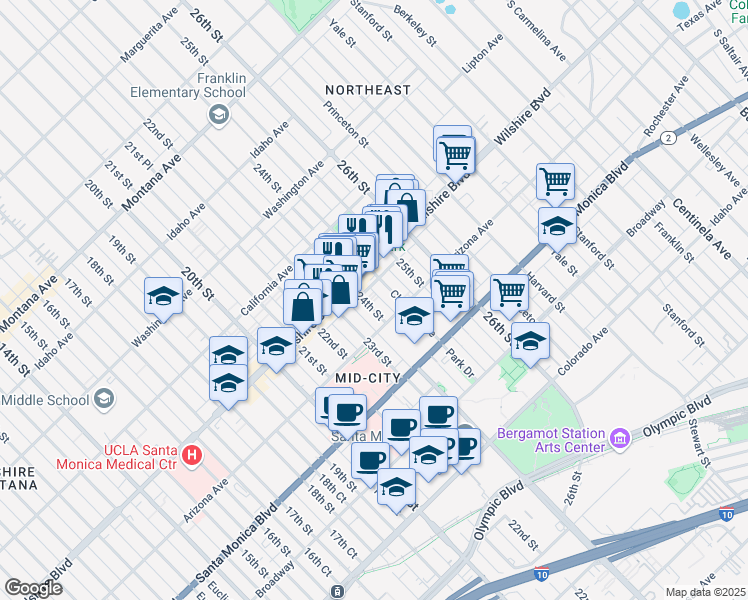 map of restaurants, bars, coffee shops, grocery stores, and more near 1231 24th Street in Santa Monica