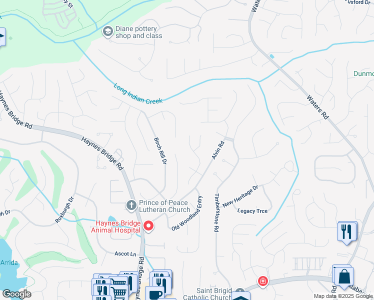 map of restaurants, bars, coffee shops, grocery stores, and more near 10460 Virginia Pine Lane in Alpharetta