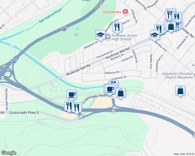 map of restaurants, bars, coffee shops, grocery stores, and more near 1411 Garin Avenue in Whittier