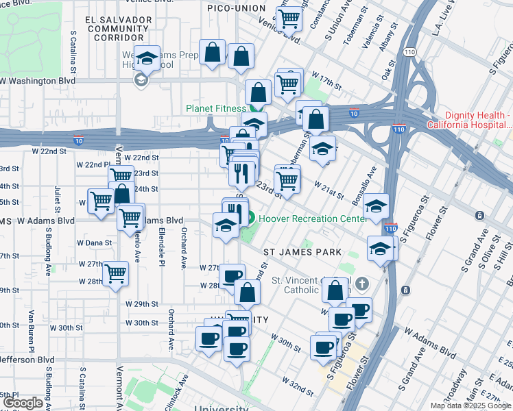 map of restaurants, bars, coffee shops, grocery stores, and more near 1004 West 24th Street in Los Angeles