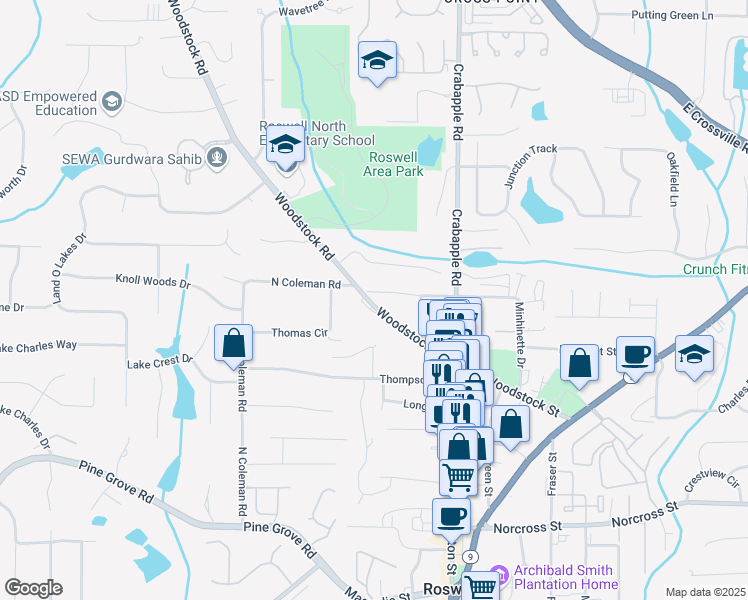 map of restaurants, bars, coffee shops, grocery stores, and more near 83 Woodstock Road in Roswell
