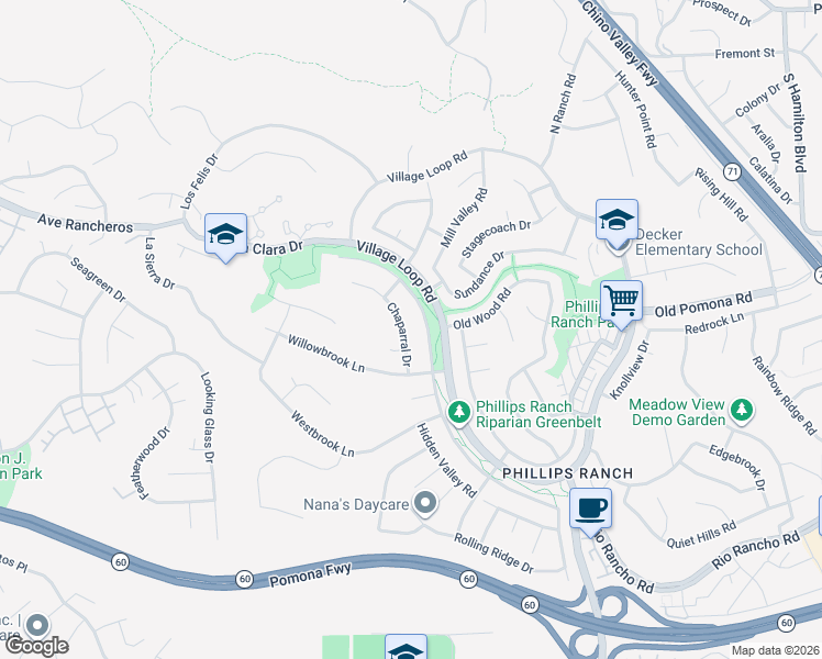 map of restaurants, bars, coffee shops, grocery stores, and more near 20 Chaparral Drive in Pomona