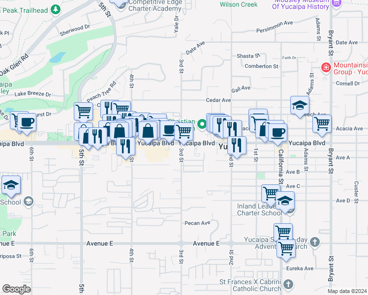 map of restaurants, bars, coffee shops, grocery stores, and more near 34717 Yucaipa Boulevard in Yucaipa