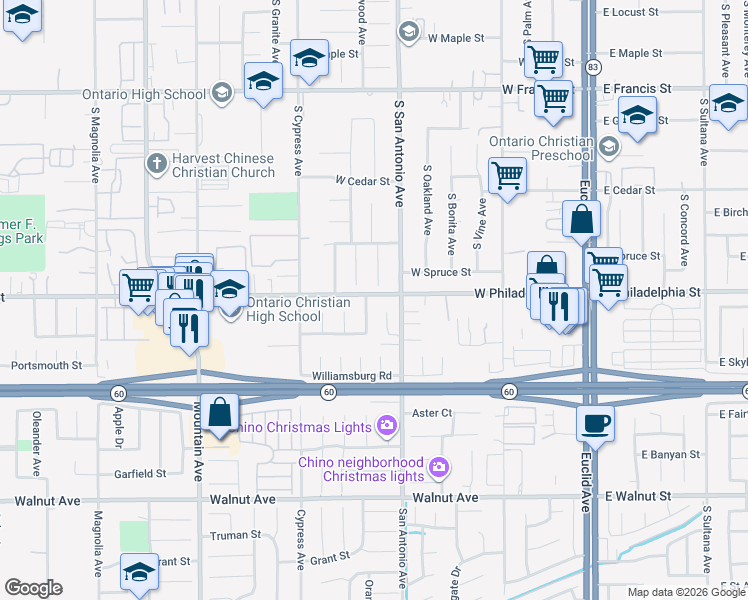 map of restaurants, bars, coffee shops, grocery stores, and more near 645 West Philadelphia Street in Ontario