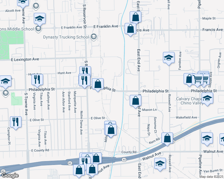 map of restaurants, bars, coffee shops, grocery stores, and more near 1456 Philadelphia Street in Pomona