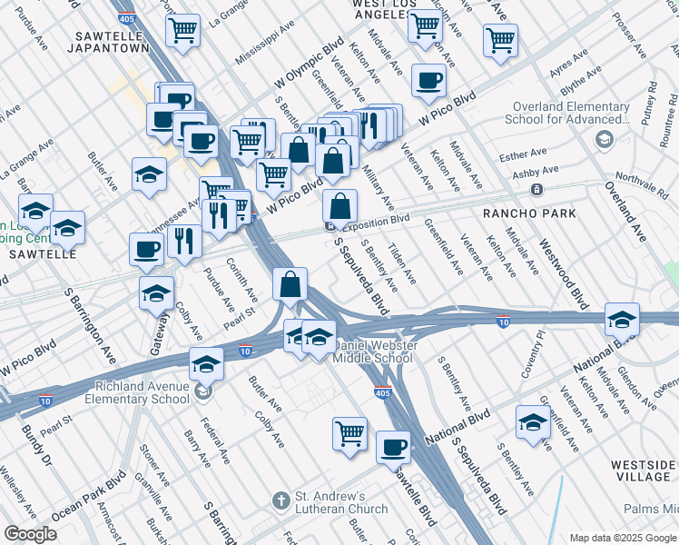 map of restaurants, bars, coffee shops, grocery stores, and more near 2554 Cotner Avenue in Los Angeles