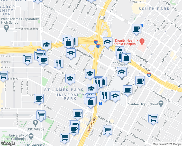 map of restaurants, bars, coffee shops, grocery stores, and more near 1968 Estrella Avenue in Los Angeles