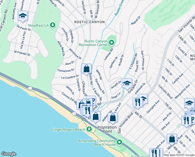 map of restaurants, bars, coffee shops, grocery stores, and more near 444 Sycamore Road in Santa Monica