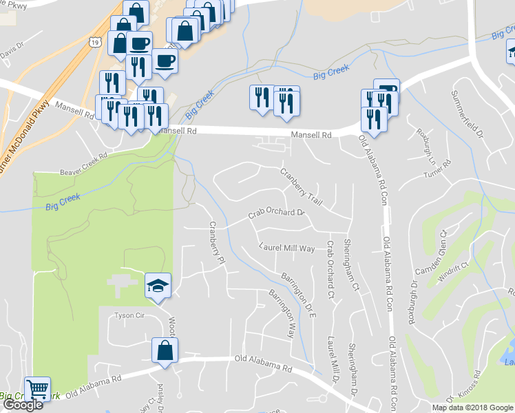 map of restaurants, bars, coffee shops, grocery stores, and more near 805 Crab Orchard Drive in Roswell
