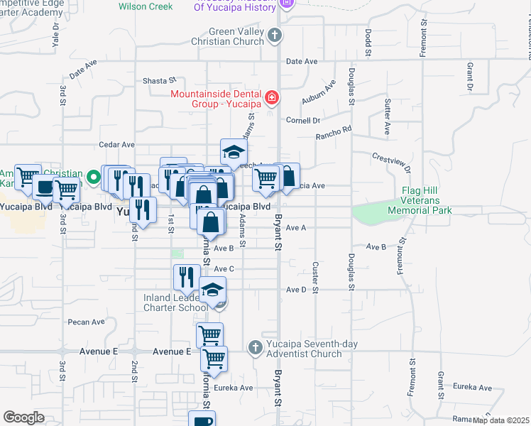 map of restaurants, bars, coffee shops, grocery stores, and more near 35261 Yucaipa Boulevard in Yucaipa