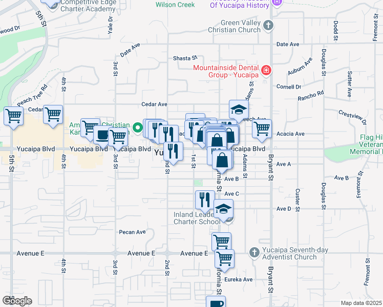 map of restaurants, bars, coffee shops, grocery stores, and more near in Yucaipa