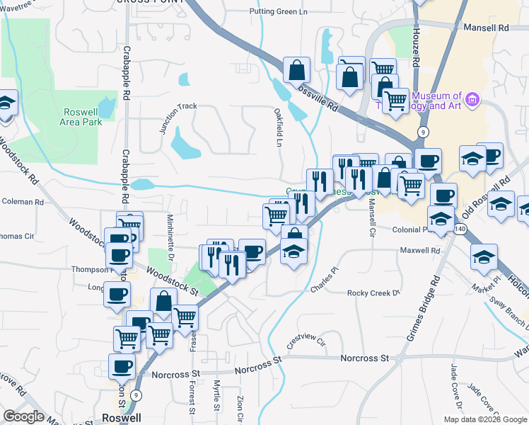 map of restaurants, bars, coffee shops, grocery stores, and more near 2181 Strickland Road in Roswell