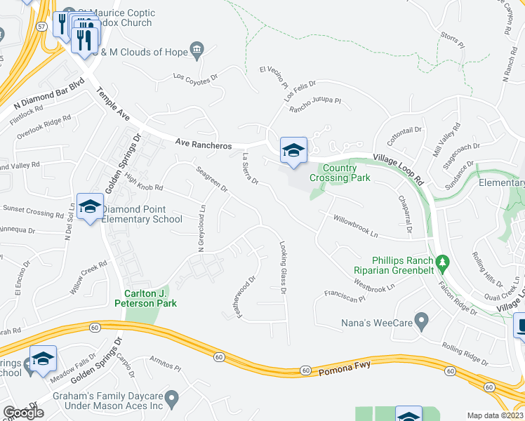 map of restaurants, bars, coffee shops, grocery stores, and more near 24345 Seagreen Drive in Diamond Bar