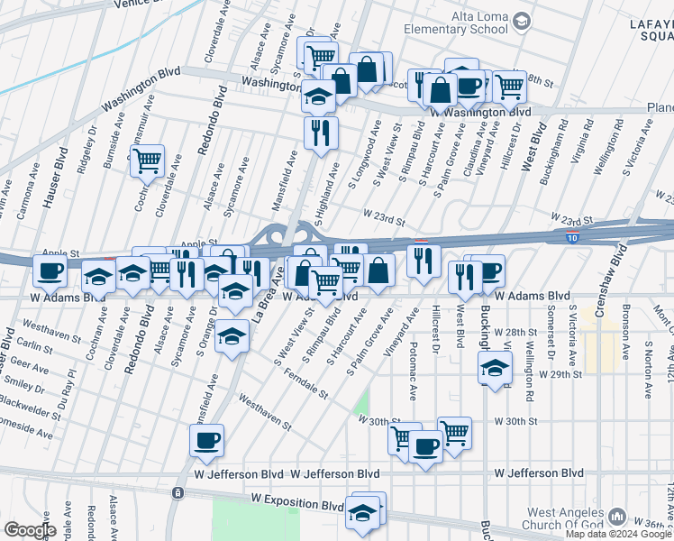 map of restaurants, bars, coffee shops, grocery stores, and more near 2424 South West View Street in Los Angeles