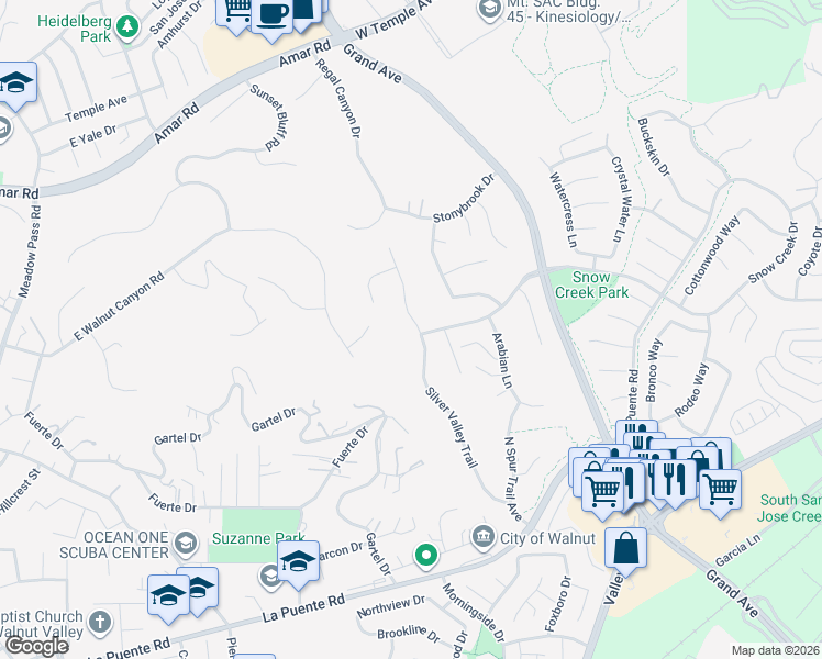 map of restaurants, bars, coffee shops, grocery stores, and more near 805 Silver Valley Trail in Walnut