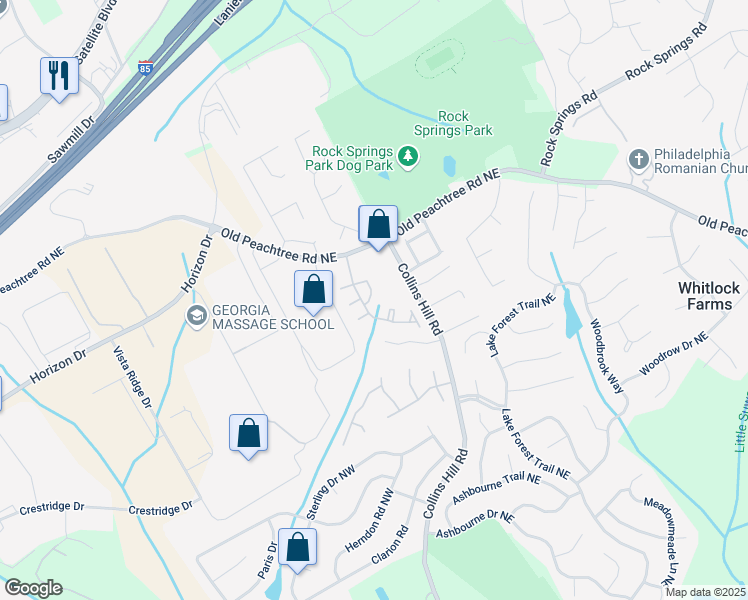 map of restaurants, bars, coffee shops, grocery stores, and more near 2909 Camplay Drive in Suwanee