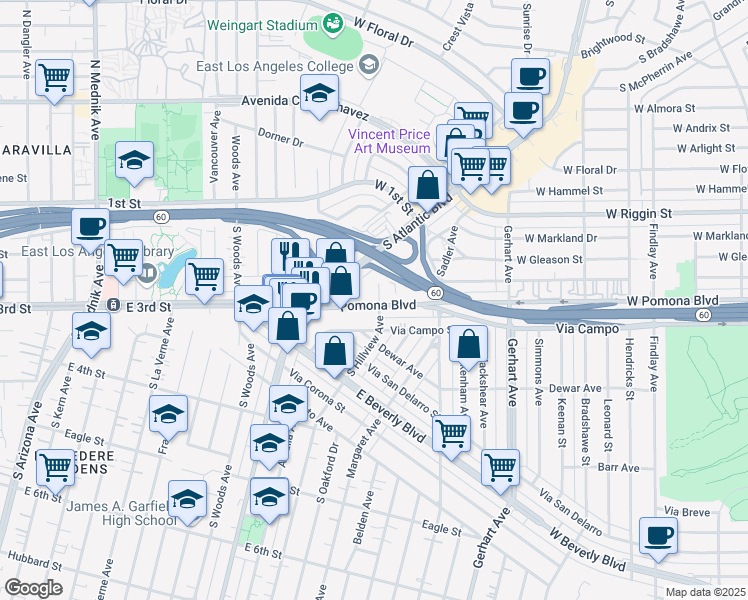 map of restaurants, bars, coffee shops, grocery stores, and more near 5255 Pomona Boulevard in East Los Angeles