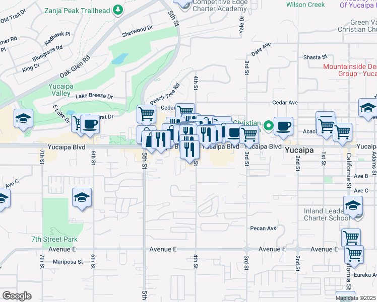map of restaurants, bars, coffee shops, grocery stores, and more near 34483 Yucaipa Boulevard in Yucaipa
