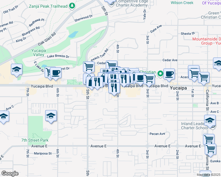 map of restaurants, bars, coffee shops, grocery stores, and more near 34483 Yucaipa Boulevard in Yucaipa