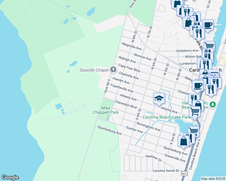 map of restaurants, bars, coffee shops, grocery stores, and more near 808 Atlanta Avenue in Carolina Beach
