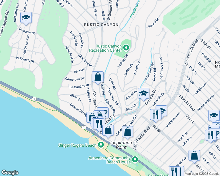 map of restaurants, bars, coffee shops, grocery stores, and more near 444 Sycamore Road in Santa Monica