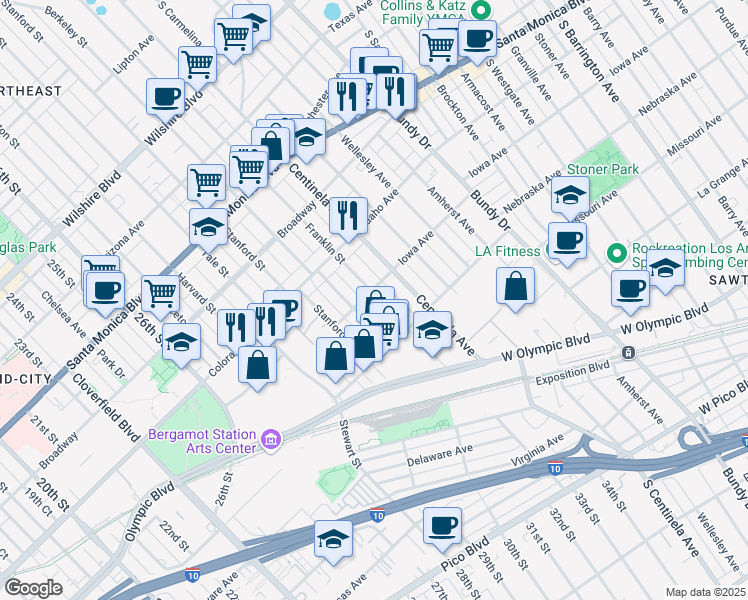 map of restaurants, bars, coffee shops, grocery stores, and more near 1708 Franklin Street in Santa Monica