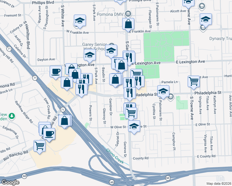 map of restaurants, bars, coffee shops, grocery stores, and more near 2085 South Garey Avenue in Pomona