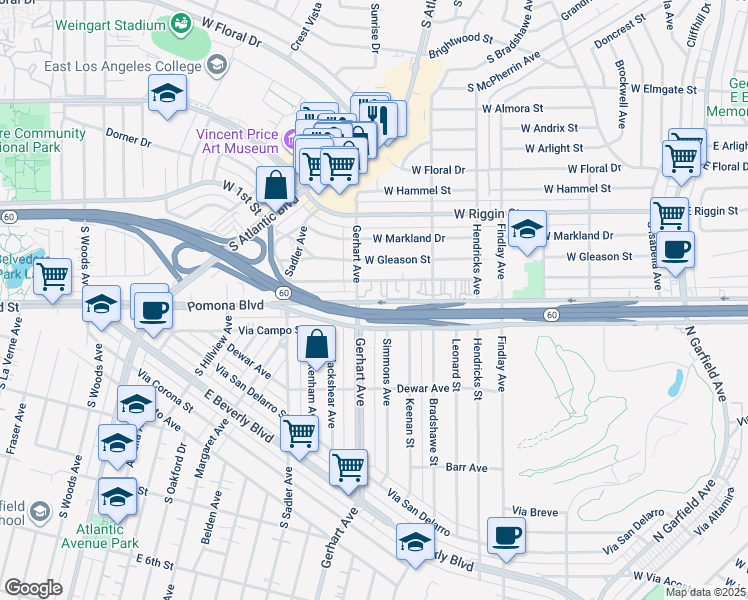 map of restaurants, bars, coffee shops, grocery stores, and more near 655 West Pomona Boulevard in Monterey Park