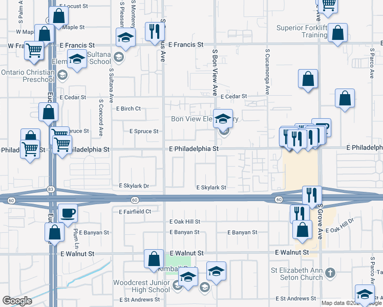map of restaurants, bars, coffee shops, grocery stores, and more near 2204 South Taylor Place in Ontario