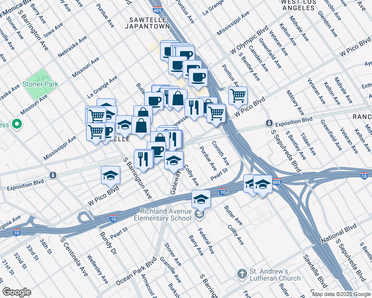 map of restaurants, bars, coffee shops, grocery stores, and more near 11460 Gateway Boulevard in Los Angeles