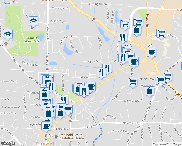 map of restaurants, bars, coffee shops, grocery stores, and more near 1270 Strickland Road in Roswell